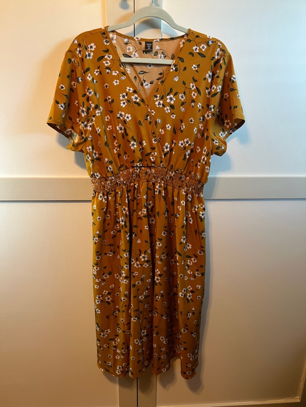 SHEIN Mustard Floral Smocked-Waist Midi Dress